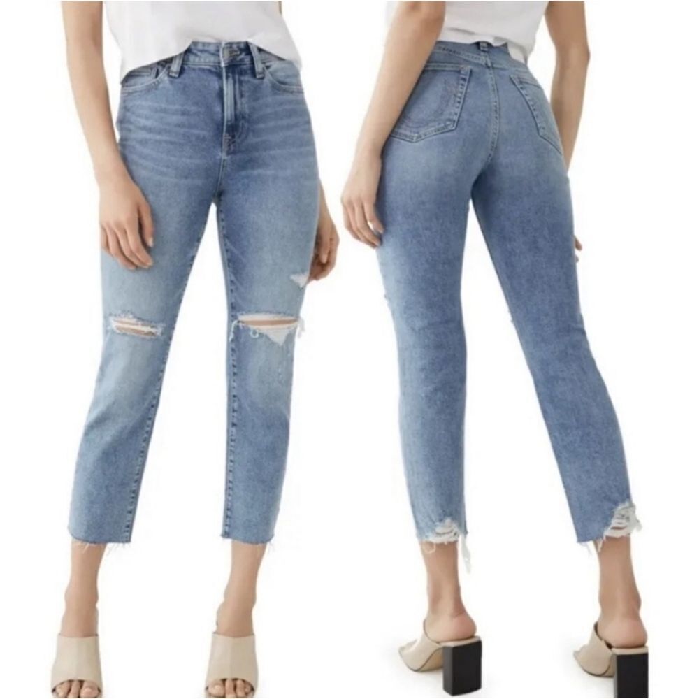 True Religion Starr Straight Fit Mid Rise Cropped Biteout Hem Destructed Jean 28